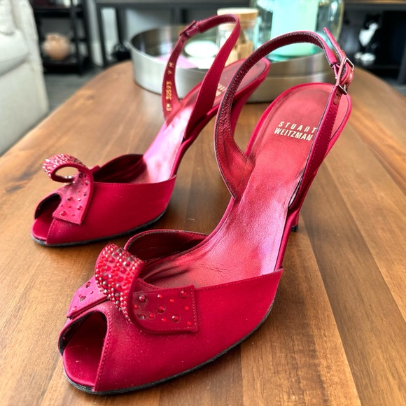 Stuart Weitzman Red Curl Satin Heels
